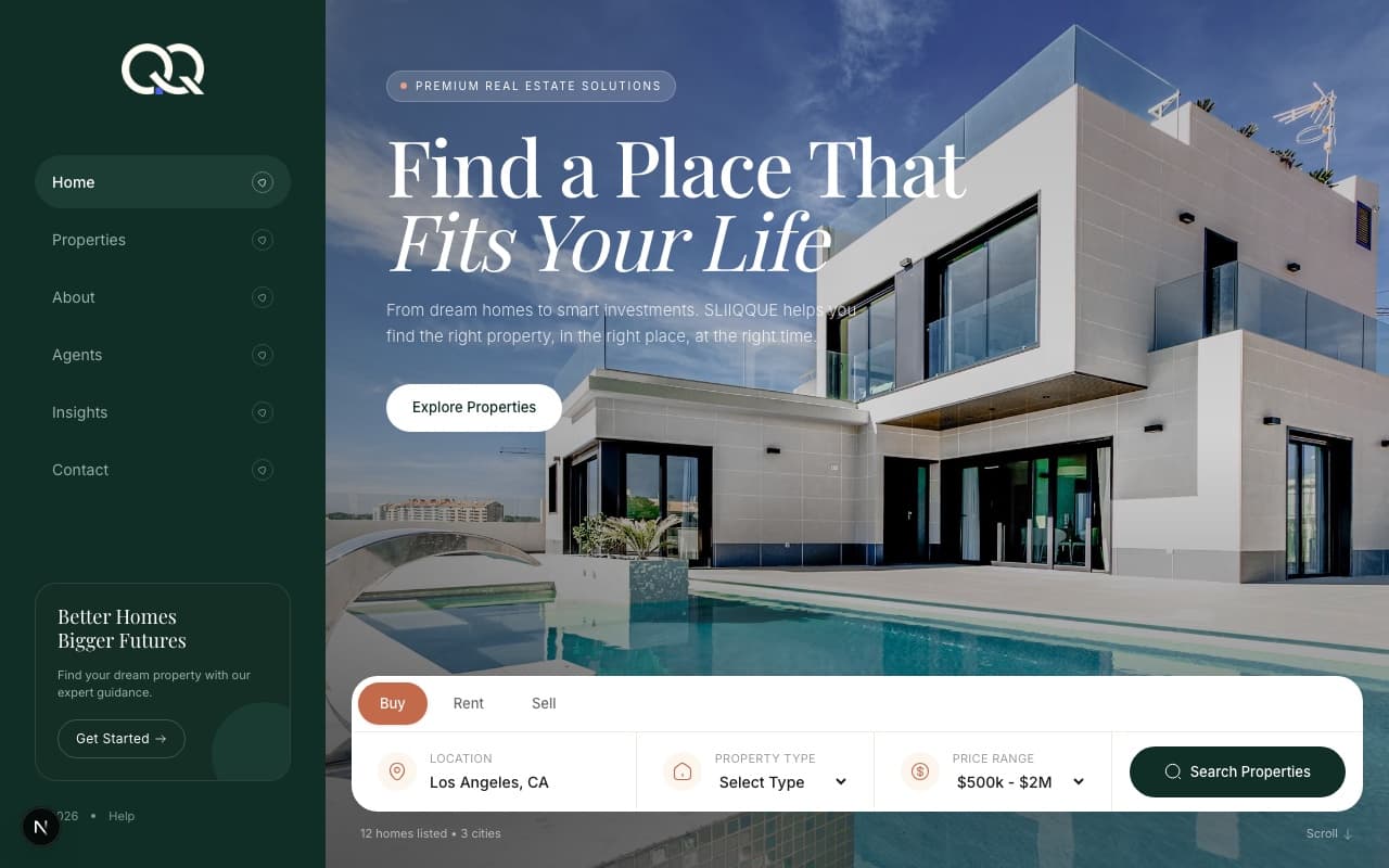 SLIIQQUE Real Estate homepage with property search